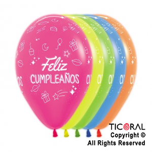 GLOBO S R12 INF NEON FELIZ CUMPLEA?OS FIESTA TINTA BLANCA x 50